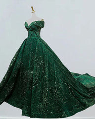 Dark Green Sequins Off Shoulder Ball Gown Sweet 16 Dresses, Dark Green Prom Dresses