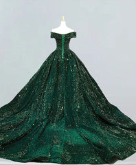 Dark Green Sequins Off Shoulder Ball Gown Sweet 16 Dresses, Dark Green Prom Dresses