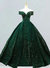 Dark Green Sequins Off Shoulder Ball Gown Sweet 16 Dresses, Dark Green Prom Dresses