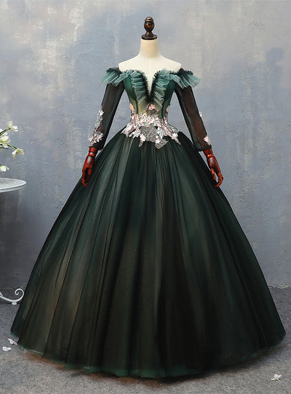 Dark Green Tulle Long Sleeve Off the Shoulder Appliques Quinceanera Dress