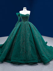 Dark Green Tulle One Shoulder Beading Prom Dresses