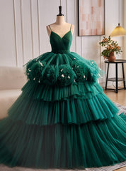 Dark Green Tulle Spaghetti Straps Tiers Quinceanera Dresses