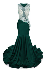 Dark Green V-Neck Sheer Corset Prom Dresses Beaded Mermaid Long Train Evening Gowns