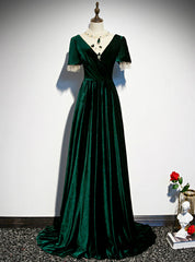 Dark Green Velvet Short Sleeve Open Back Beading Prom Dresses