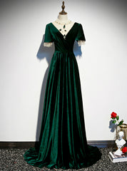 Dark Green Velvet Short Sleeve Open Back Beading Prom Dress