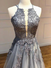 Dark Grey Halter Backless Tulle with Lace Party Dresses A-line Grey Formal Dresses prom Dresses shops