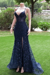 Dark Navy Blue Prom Dresses  Long Sequins Mermaid Women Tulle Evening Dresses Spaghetti Straps