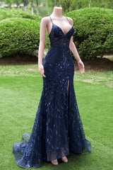 Dark Navy Blue Prom Dresses lange pailletten zeemeermin vrouwen tule avondjurken spaghetti -riemen