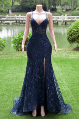 Dark Navy Blue Prom Dresses lange pailletten zeemeermin vrouwen tule avondjurken spaghetti -riemen