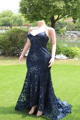 Dark Navy Blue Prom Kleider Pailletten Meerjungfrau Tüll lange Abendkleider Spaghetti -Gurte