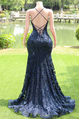 Dark Navy Blue Prom Kleider Pailletten Meerjungfrau Tüll lange Abendkleider Spaghetti -Gurte