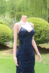 Dark Navy Blue Prom Kleider Pailletten Meerjungfrau Tüll lange Abendkleider Spaghetti -Gurte