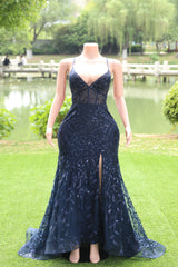 Dark Navy Blue Prom Dresses Sequins Mermaid Tulle Long Evening Dresses Spaghetti Straps