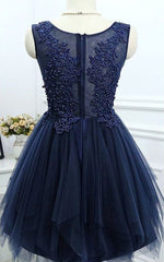 Dark Navy Jewel Sleeveless Homecoming Dresses,Appliques Beading A Line Tulle Semi Formal Dresses