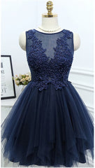 Dark Navy Jewel Sleeveless Homecoming Dresses,Appliques Beading A Line Tulle Semi Formal Dresses