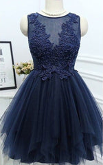 Dark Navy Jewel Sleeveless Homecoming Dresses,Appliques Beading A Line Tulle Semi Formal Dresses