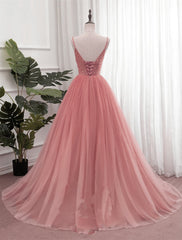 Dark Pink Sequins V-neckline Straps Long Evening Dresses, Tulle Pink Prom Dresses