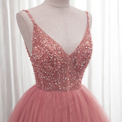 Dark Pink Sequins V-neckline Straps Long Evening Dresses, Tulle Pink Prom Dresses