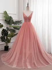 Dark Pink Sequins V-neckline Straps Long Evening Dresses, Tulle Pink Prom Dresses