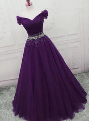 Dark Purple Beaded Tulle Off Shoulder Party Dresses Purple Junior Prom Dresses prom Dresses shops