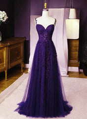 Dark Purple Sweetheart Tulle with Lace Straps Party Dresses, Dark Purple Prom Dresses