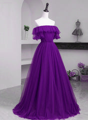 Dark Purple Tulle Off Shoulder Long Party Dresses, A-line Purple Prom Dresses