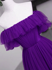 Dark Purple Tulle Off Shoulder Long Party Dresses, A-line Purple Prom Dresses