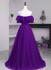 Dark Purple Tulle Off Shoulder Long Party Dresses, A-line Purple Prom Dresses