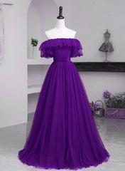 Dark Purple Tulle Off Shoulder Long Party Dresses, A-line Purple Prom Dresses