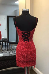 Dark Red Homecoming Dresses, Corset Tight Short Mini Dresses with Appliques