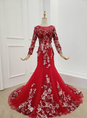 Dark Red Tulle Embroidery Appliques Long Sleeve Prom Dresses