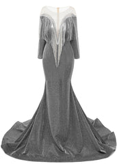 Deep V-neck Shiny Gray Prom Dresses Long sleeves Mermaid Evening Party Dresses