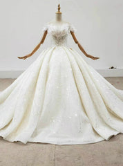 Demand Attention In Luxury Champagne Ball Gown Tulle Beading Sequins Off the Shoulder Wedding Dresses