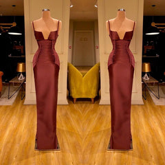 Designer Burgundy Spaghetti-Straps Mermaid Prom Dresses Long With Ruched