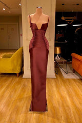 Designer Burgundy Spaghetti-Straps Mermaid Prom Dresses Long With Ruched