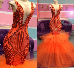 Black Girl Prom Dresses, Orange Mermaid Lace Appliques Prom Dresses, Tulle Ruffles Sexy V Neck Cheap Evening Gowns