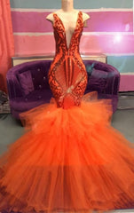 Black Girl Prom Dresses, Orange Mermaid Lace Appliques Prom Dresses, Tulle Ruffles Sexy V Neck Cheap Evening Gowns