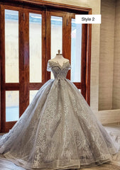 Modern Sparkly Grey Silver Long Or Cap Sleeves Ball Gown Wedding Prom Dresses With Glitter Tulle