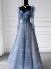 Unique Long Sleeve Prom Dresses, Frozen Blue Dresses, Haute Couture Temperament Evening Dresses, Princess Dresses, Custom Made