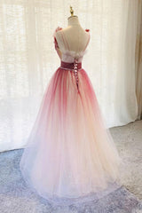 Burgundy V Neck Tulle Sequin Long Prom Dresses, Burgundy Evening Dresses