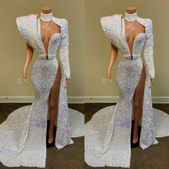 Gorgeous Sequin Long Mermaid Prom Dresses, 2025 Sexy High Slit Sheer High Neck Single Long Sleeve African Black Girl Prom Dresses