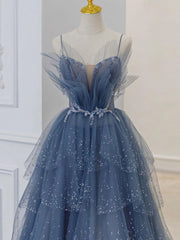 Blue Sweetheart Tulle Sequin Long Prom Dresses, Blue Evening Dresses