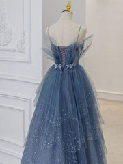 Blue Sweetheart Tulle Sequin Long Prom Dresses, Blue Evening Dresses