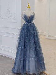 Blue Sweetheart Tulle Sequin Long Prom Dresses, Blue Evening Dresses