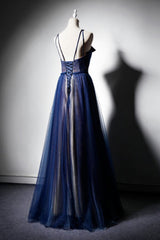 Navy Blue Tulle V Neck Long Women Prom Dresses, Lace Up Evening Dresses