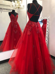 Red Long Prom Dresses With Appliques And Beading Evening Dresses, Pageant Dance Dresses, Graduation School Party Gown