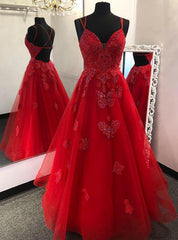 Red Long Prom Dresses With Appliques And Beading Evening Dresses, Pageant Dance Dresses, Graduation School Party Gown