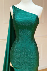 Elegant One Shoulder Emerald Green Long Prom Dresses With Shawl