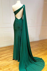 Elegant One Shoulder Emerald Green Long Prom Dresses With Shawl