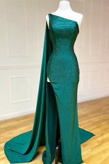 Elegant One Shoulder Emerald Green Long Prom Dresses With Shawl